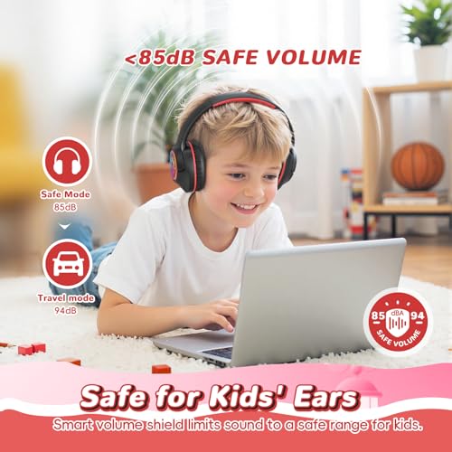 Kids Bluetooth Headphones, 85H Playtime Wireless Headphones for Kids, Colorful LED Lights, 85/94dB Safe Volume Limit, Bluetooth 5.4 Built-in Mic Toddler Headset for Tablet/Airplane/Travel (Black） - color: Black