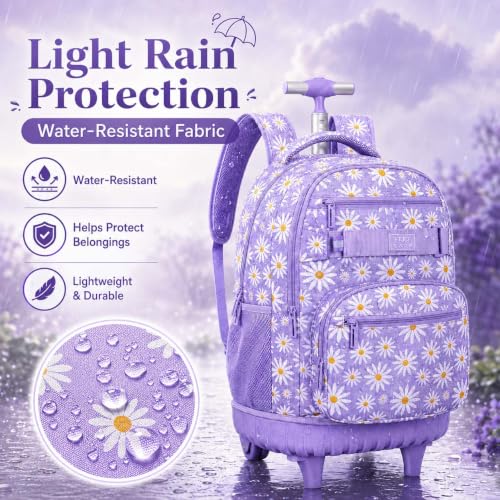 AGSDON Rolling Backpack for Girls, Women Roller Wheels Bookbag, Laptop Daisy Wheeled School Bag with Wheels for Teens - color: Daisy Purple