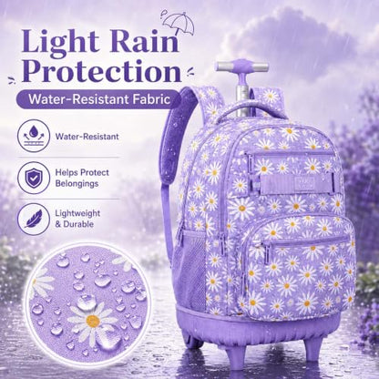 AGSDON Rolling Backpack for Girls, Women Roller Wheels Bookbag, Laptop Daisy Wheeled School Bag with Wheels for Teens - color: Daisy Purple