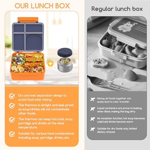 Bento Box for Kids - Leak-Proof Bento Lunch Box with Insulated Thermo Food Jar - 4 Compartments, 1 Removable Divider, 1 Spoon, 1 Fork - Dishwasher Safe, BPA-Free (Navy blue) - color: Navy Blue
