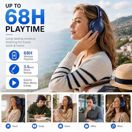 MIDOLA Bluetooth Headphones Over Ear, 68H Playtime Wireless Headphones with Microphone, 6 EQ Modes, HiFi Stereo Deep Bass, Foldable Lightweight Headset for Home Office, Cellphone, PC, Blue - color: Blue