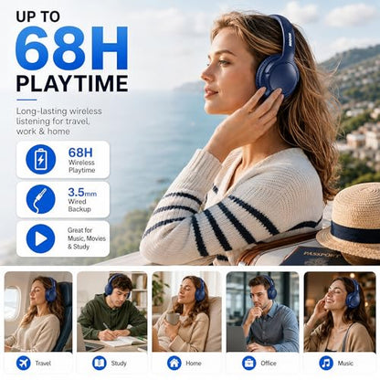 MIDOLA Bluetooth Headphones Over Ear, 68H Playtime Wireless Headphones with Microphone, 6 EQ Modes, HiFi Stereo Deep Bass, Foldable Lightweight Headset for Home Office, Cellphone, PC, Blue - color: Blue