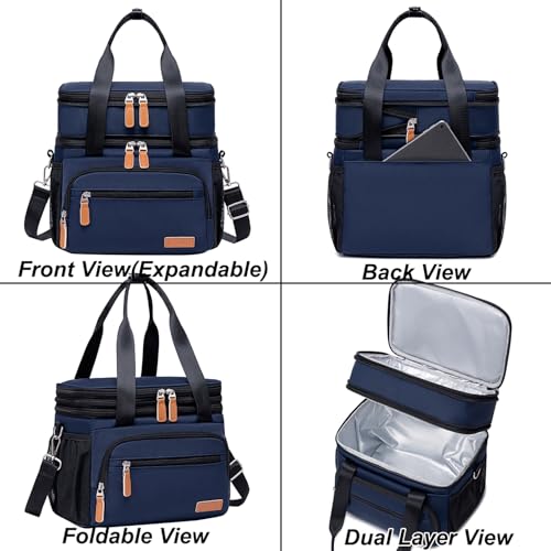 Weitars Insulated Lunch Box for Women Men-Dual Compartment Waterproof Reusable Large Lunch Bag Wide-Open Tote Cooler Bag For Working Picnic Hiking (15L) (Blue) - color: Blue