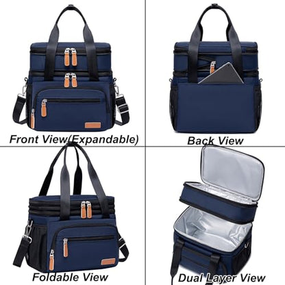 Weitars Insulated Lunch Box for Women Men-Dual Compartment Waterproof Reusable Large Lunch Bag Wide-Open Tote Cooler Bag For Working Picnic Hiking (15L) (Blue) - color: Blue