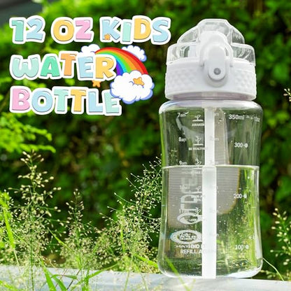 OLDLEY Kids Water Bottle for School, 12 oz (2 lids) BPA-Free Reusable Leak-proof Durable Tritan Plastic Water Bottles with Straw & Chug Lids, Anti-dust Spout Cover (Clear) - color: A-Clear, size: 12 Ounces
