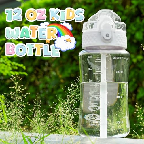 OLDLEY Kids Water Bottle for School, 12 oz (2 lids) BPA-Free Reusable Leak-proof Durable Tritan Plastic Water Bottles with Straw & Chug Lids, Anti-dust Spout Cover (Clear) - color: A-Clear, size: 12 Ounces