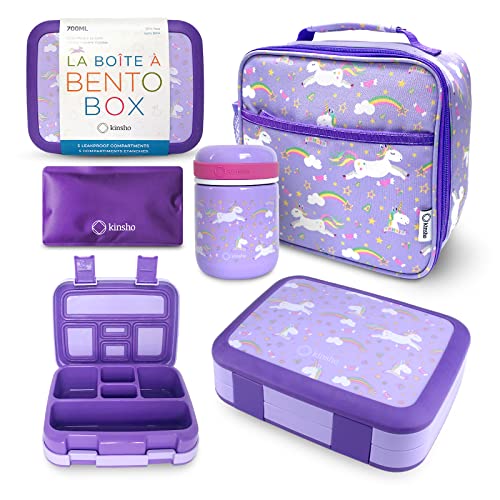 kinsho Bento Box for Girls Toddlers with Thermo Lunch Pack, Purple Unicorn | 5 Compartments, Removable Tray, Small Meal Snack Container for Girls Toddlers Daycare Pre-School Kindergarten, Steel Food Jar - color: Purple Unicorn Set