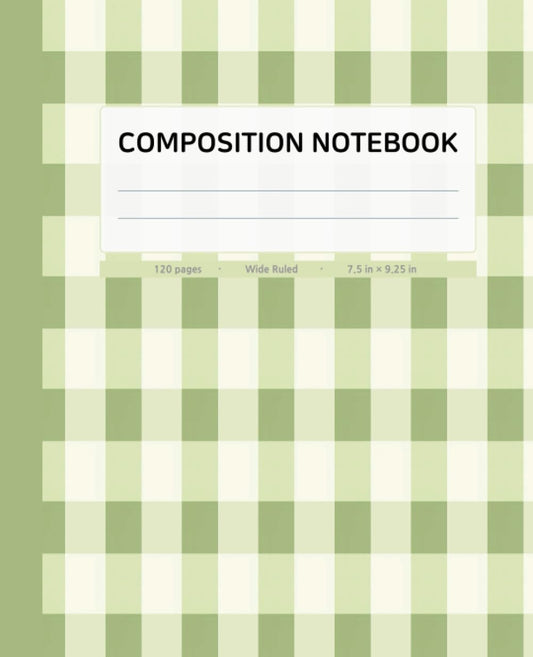 Composition Notebook Wide Ruled | Checkered Pattern with Light Moss Green Spine Color | 120 Pages, 7.5x9.25 inches