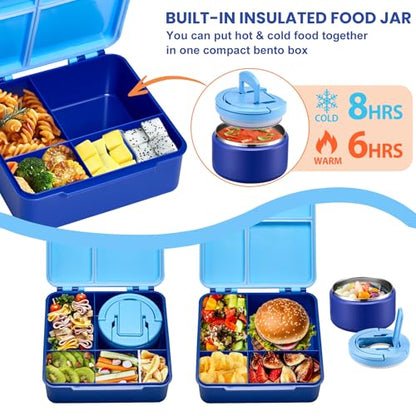 Bento Lunch Box for Kids with 8oz Soup Thermo,Kids Leakproof Lunch Food Containers with 4 Compartment,Kid Insulated Thermo Hot Food Jar for School,Trvael-Blue - color: Blue