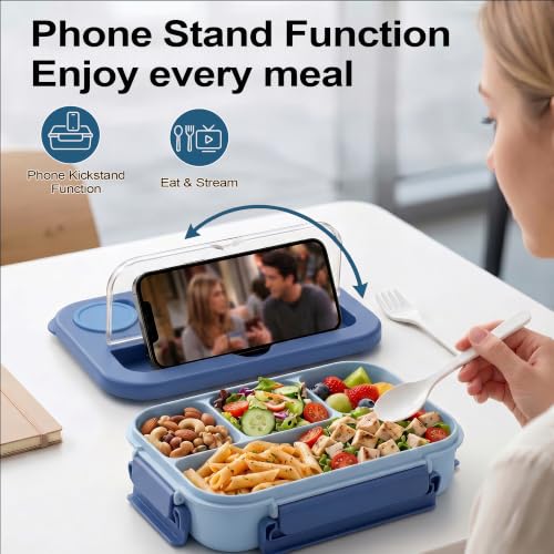 Bento Box Adult Lunch Box, Lunch Containers for Adults 44.5 Oz/5 Cup, Blue | BPA-Free, Lid-Top Sauce Tray, Leak-Proof, 1300mL, Removable Silicone Sealing Ring, Lid-Top Utensil Slot with Included Cutlery - color: Blue