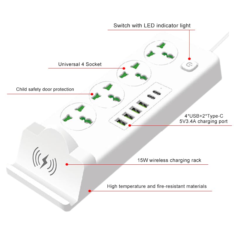 Universal Power Strip with 4 AC Outlets, 4*USB-A & 2*USB-C Ports, Fast Wireless Charging Stand, Surge Protector Extension Cord, Overload Protection Multi-Device Charging Station for Home & Office