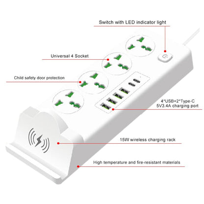 Universal Power Strip with 4 AC Outlets, 4*USB-A & 2*USB-C Ports, Fast Wireless Charging Stand, Surge Protector Extension Cord, Overload Protection Multi-Device Charging Station for Home & Office