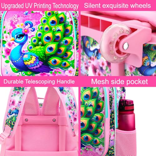 KLFVB Girls Bookbag with Wheels, 3PCS Kids Roller Backpack with Lunch Bag, Wheeled School Bag for Children - Peacock - color: Upgraded UV Printing Peacock Pink Rolling Backpack