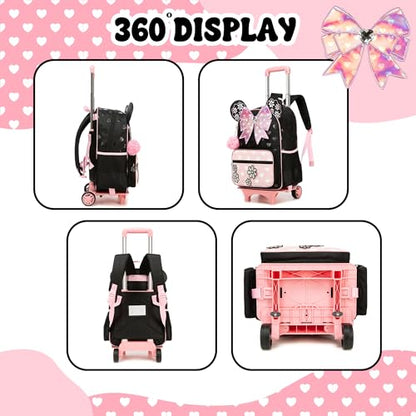 Meetbelify Girls Rolling Backpack with Wheels Kids Wheels Backpack for Girls - color: Bowknot Pink