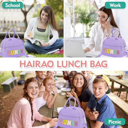 Lunch Bag for Girls and Women, Cute Preppy Lunch Bag with Chenille Letters, Insulated Large Capacity Lunch Tote with Detachable Strap for School, Work & Picnic, Purple - color: Purple