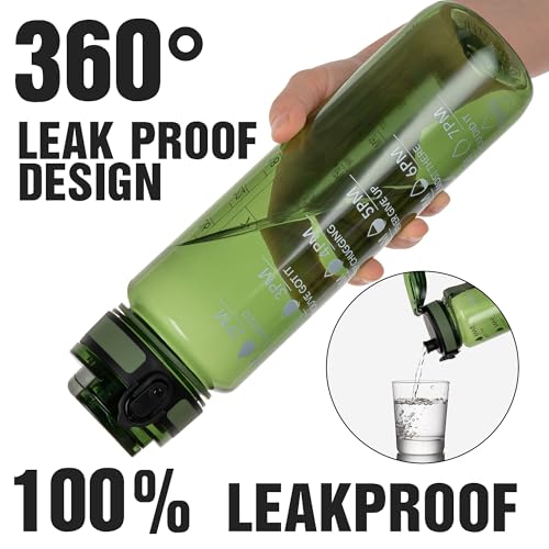 OLDLEY Water Bottle, 32oz Motivational Sports Water Bottle with Time Marker - Times to Drink - Tritan, BPA Free, Wide Mouth Leakproof,Olive - color: Olive