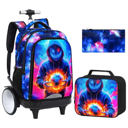 UFNDC Big Wheel Roller Bag, Water-Resistant Rolling Backpack for Boys with Lunch Box & Pencil Case, 3-Pack Kids Wheeled School Bookbag Travel Set - Devil Soccer - color: Rolling Backpack Devil Soccer Blue