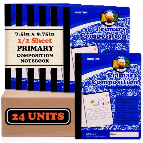 Mintra Primary Composition Notebook, 24 units 6-4 Pack, Blue Cover, 80 Sheets, 7.5in x 9.75in, 1/2 Sheet, Ruled with Drawing Area, Flexible Hardcover Journal, Grades K-2, School & Home Use - color: Primary Ruled, size: 24 units (6-4pks)