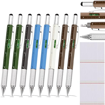 Zhanmai 8 Pcs 6 in 1 Multitool Pen Bulk Gift for Men Multi Tool Pen with Ruler Level Screwdriver Stylus Cool 20 Ink Refill Tool Gadget Birthday Christmas Stocking Stuffer (Green White Gray Blue Brown) - color: Army Green, White, Gray, Light Blue, Brown