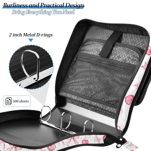 Pink Bow Cherry Leaf Pattern Zipper Binder 3 Ring with Handle and Shoulder Strap, 500 Sheet Binder Organizer Capacity & Multi-Pockets for School Office - color: Aa01