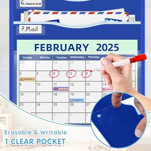 ALSLEA 15" Extra Wide Hanging File Organizer with 8 Pockets - Heavy Duty Classroom Pocket Chart, Wall Mounted Document Organizer with Writable Clear Pocket, 5 Wall/ Door Hooks & 12 Labels (Blue) - size: 8 Pockets Blue