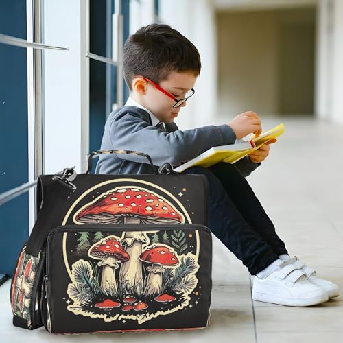 3 Ring Zipper Binder Red Mushroom Binder Organizer Portfolio with File and Shoulder Strap & Handle Large Capacity File Folder - color: Mushroom