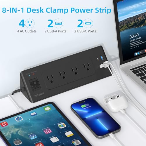 PAEWOK Desk Clamp Power Strip with 4 Outlets 4 USB Ports (2 USB C), Black | 6.5ft Flat Plug Extension Cord, Fit 1.9 inch Tabletop Edge, Desktop Mounted, Surge Protector, Desk Charging Station
