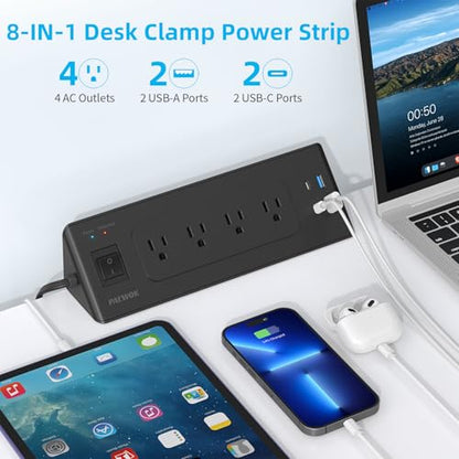PAEWOK Desk Clamp Power Strip with 4 Outlets 4 USB Ports (2 USB C), Black | 6.5ft Flat Plug Extension Cord, Fit 1.9 inch Tabletop Edge, Desktop Mounted, Surge Protector, Desk Charging Station