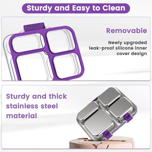 Stainless Steel Bento Box for Kids Adults with Silicone Container, Leak Proof 4 Compartments Metal Lunch Box, Removable Silicone Seal & Clear Lid Food Container for School Office, BPA-Free(Purple) - color: Purple