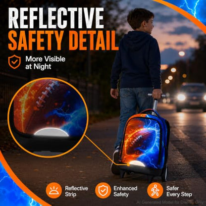 gxtvo Large Wheels & Quiet Glide | Rolling Backpack for Kids - Water-Resistant Wheeled Bag with Lunch Box for School, Travel & Outings - Fire & Lightning Rugby - color: Rolling Backpack Fire Lightning Rugby