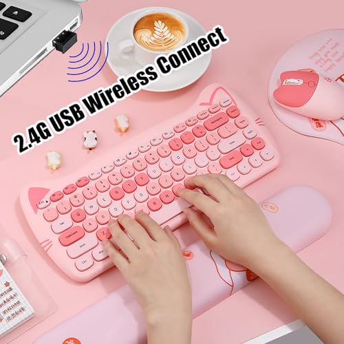 Cute Cat 2.4G USB Wireless Keyboard and Mouse Combo, Silent Keys, Candy Colors, Compatible with Notebook, PC (Pink-84Keys) - color: Pink-84Keys