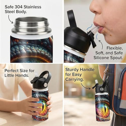 Dragons Eye Kids Water Bottle 12oz Stainless Steel Insulated Bottle Vacuum Leak Proof Straw Lid with Double Wall BPA Free School (Color1) - color: Color1
