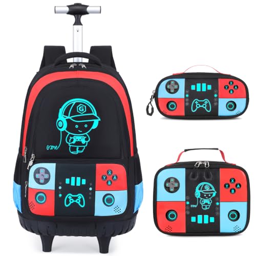 Bevalsa Rolling Backpack for Boys,Cool Luminous Gamer Roller School Backpacks with Lunch Box & Pencil Case,Kids Wheeled Schoolbag Bookbag with Wheels for Kindergarten Elementary School Travel - color: Red Blue