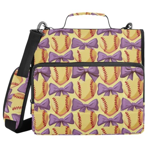 Yellow Heart Softballs Bow Zipper Binder 3 Ring with Shoulder Strap | Multi-Pocket Organizer, 2 Inch Binder Holds 500 Sheets, Zipper Binders Organizer for School Students Office - color: Multicolored.20