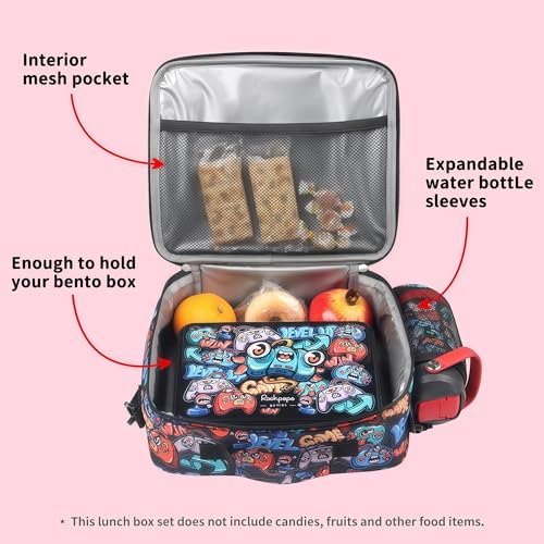 rockpapa Kids Lunch Box Set with 14oz Insulated Water Bottle & Lunch Bag, Leakproof 5.5 Cups Bento Box for School & Children, BPA-Free, Microwave Safe for Boys Girls (Black Games) - color: Black Games
