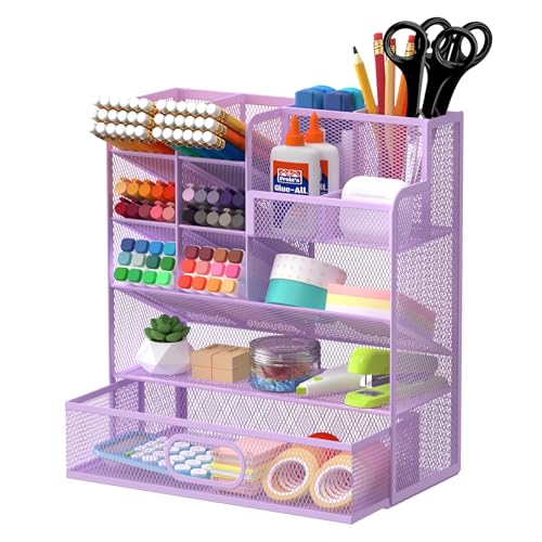 Mesh Pen Organizer for Desk - Multi-Functional Pencil Holder with Drawer Desk Organizers, Large Capacity Storage for School Office Home Supplies (Purple) - color: Purple