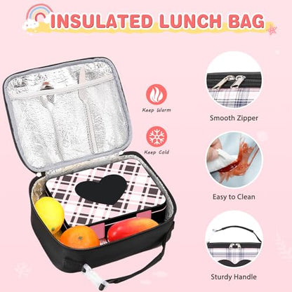 ACESAK Girls Backpack - Bento Box with Insulated Lunch Bag Pencil Case & Utensils Set for Kids, 6 Leakproof Compartments Removable Tray Lunches or Snack Container for School (Black) - color: Black