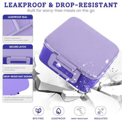 MAISON HUIS Bento Lunch Box with 8oz Soup Thermo, 5-Compartment Leak-Proof Container, Thermo Hot Food Jar and Insulated Lunch Bag, BPA Free,Travel, School (Purple) - color: Purple