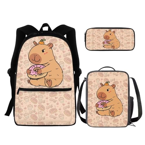 BIGCARJOB Capybara Backpack Kids Schoolbags Set Insulated Lunch Box and Pencil Case for Girls, 3 Pack Backpack Back to School Bookbags for Primary Elementary - color: Cute Capybara Print, size: One Size
