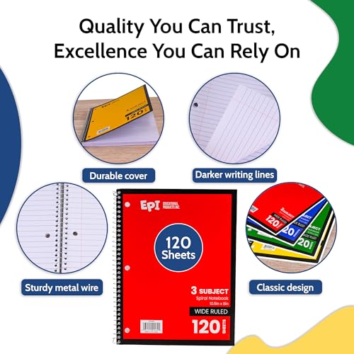 EPI Spiral Notebook | 3 Subject - Wide Ruled - 120 Sheets, Durable Spiral Binding | 10.5 x 8 in | Classroom Supplies | School, Office, Note Taking, Journaling - 12 Pack - size: Pack of 12, style: 3 Subject - Wide Ruled