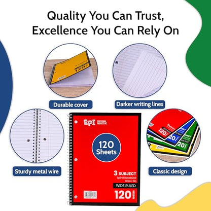 EPI Spiral Notebook | 3 Subject - Wide Ruled - 120 Sheets, Durable Spiral Binding | 10.5 x 8 in | Classroom Supplies | School, Office, Note Taking, Journaling - 36 Pack - size: Pack of 36, style: 3 Subject - Wide Ruled