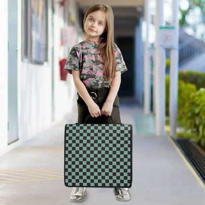 Green Teal Black Checkered Binder Bag 3 Ring Zipper Binders with Shoulder Strap for School Office Organizer Storage - color: Q011
