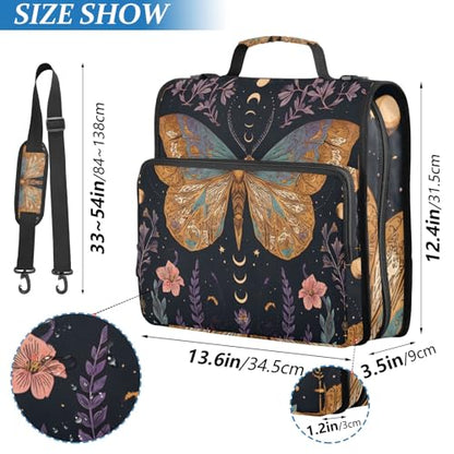 3 Ring Zipper Binder with Shoulder Strap Handle Moths Moon Phases Portfolio File Organizer Bag School Office 500 Sheets Capacity 1.5 inch Ring