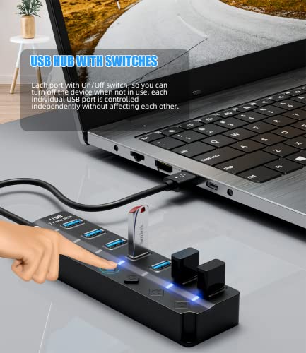 USB Hub 3.0, Eanetf 7 Port USB hub with LED Individual On/Off Switches and Extended Long Cable for MacBook, Mac Pro, Mac mini, iMac, Surface Pro, XPS, PC - 4ft