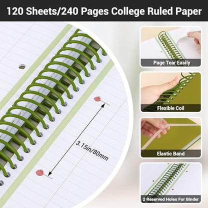 EUSOAR Spiral Notebook, 1 Pack A5 7.3" x 8.1" Lined Spiral Notebook Journal, Cute Women Journal Notebook 240 Pages 90gsm Thick Paper with Dividers for Math, Science and Engineering Students-Green - color: Green, style: A5 Lined