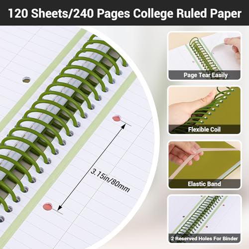 EUSOAR Spiral Notebook, 1 Pack A5 7.3" x 8.1" Lined Spiral Notebook Journal, Cute Women Journal Notebook 240 Pages 90gsm Thick Paper with Dividers for Math, Science and Engineering Students-Green - color: Green, style: A5 Lined