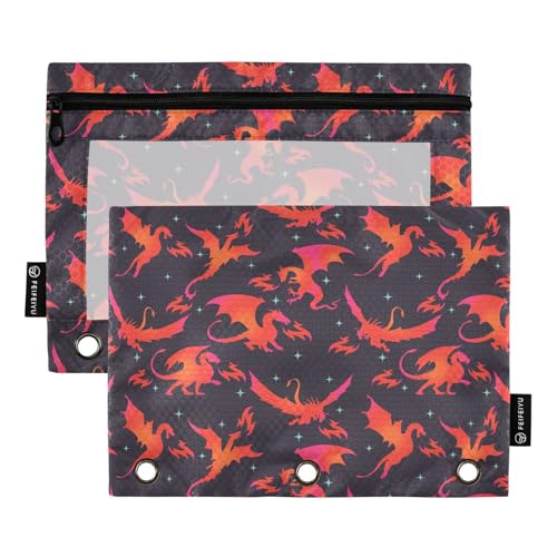 Dragon Fire Black Pencil Pouch for 3 Ring Binder 2 Pcs Binder Pouches with Zipper Pocket Pencil Case Bag with Clear Window for Office Work School Supplies - color: Dragon Fire Black
