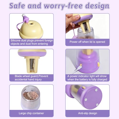 Rechargeable Electric Pencil Sharpener, 6-12mm Auto in & Out Fully Automatic Pencil Sharpener for Kids, Large Capacity Battery Powered, with Cartoon Stickers Ideal for Classroom & Home (Yellow-purple) - color: Yellow-purple