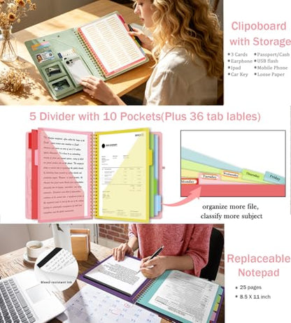 Sauge Foldable Spiral Clipboard Folio with Storage Zipper Pouch, 5 Plastic Folders with Pockets,Refillable Lined Notepad (8.5" x 11"), Hardcover Project Organizer with 36 Stickers - color: 1-sauge