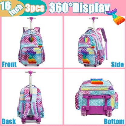 Mermaid Rolling Backpack for Girls Kids Wheels Backpacks for Elementary Student Wheeled Trolley Trip Luggage for Teen Girls with Lunch Box Pencil Case - color: 01 Mermaid